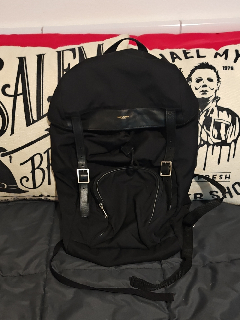 Saint Laurent Black Nylon Backpack with Leather Trim Authentic